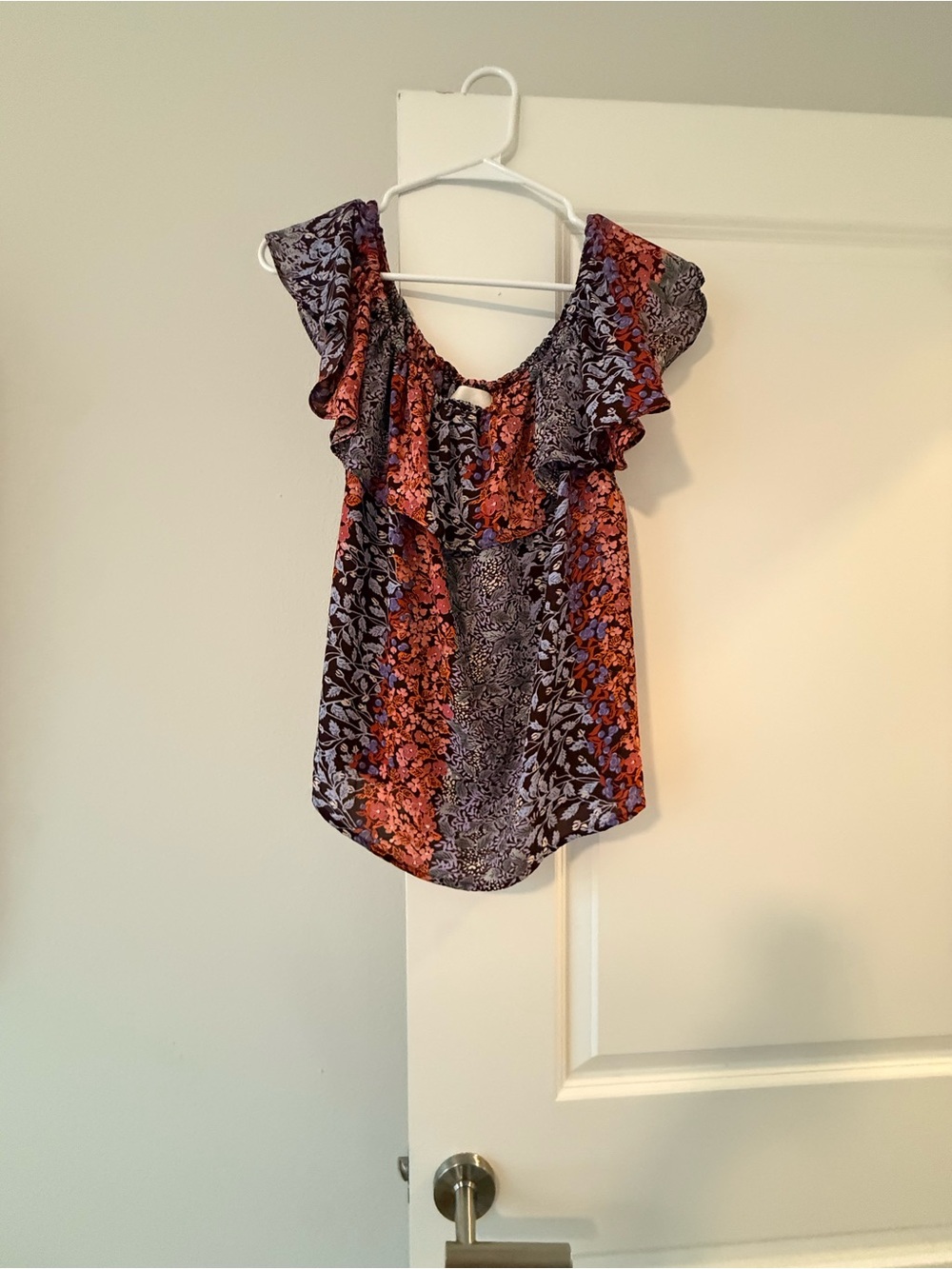 Maeve Floral Ruffle Off-Shoulder Top in Purple and Rust
